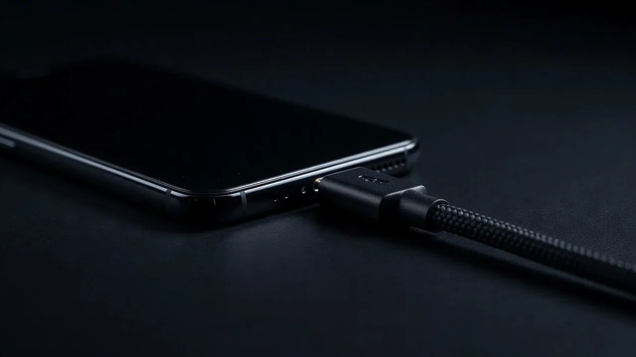 USB cable plugged into a smartphone, macro shot on a dark background