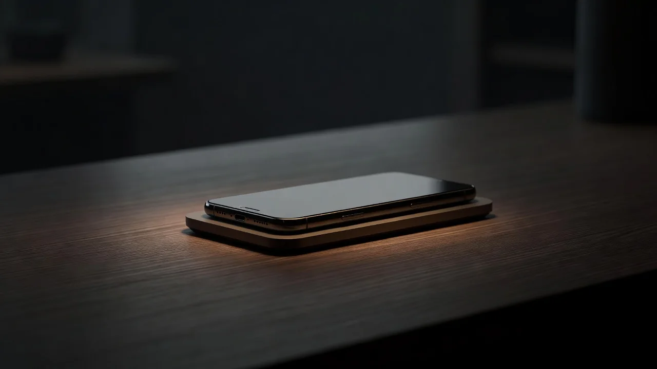 Smartphone charging on a wireless pad with a soft amber glow