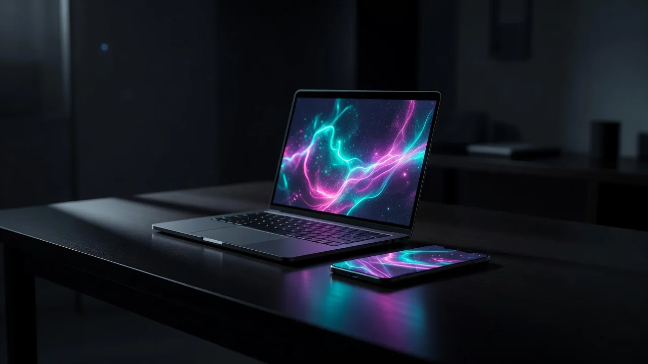 Laptop and smartphone side by side on a dark desk at night