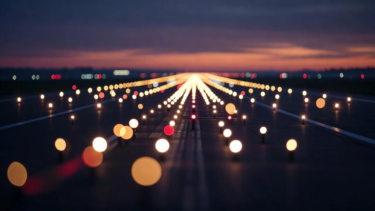 Airport runway lights at dusk, blurred bokeh
