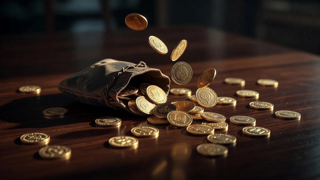 Golden coins spilling from a small pouch on a dark table