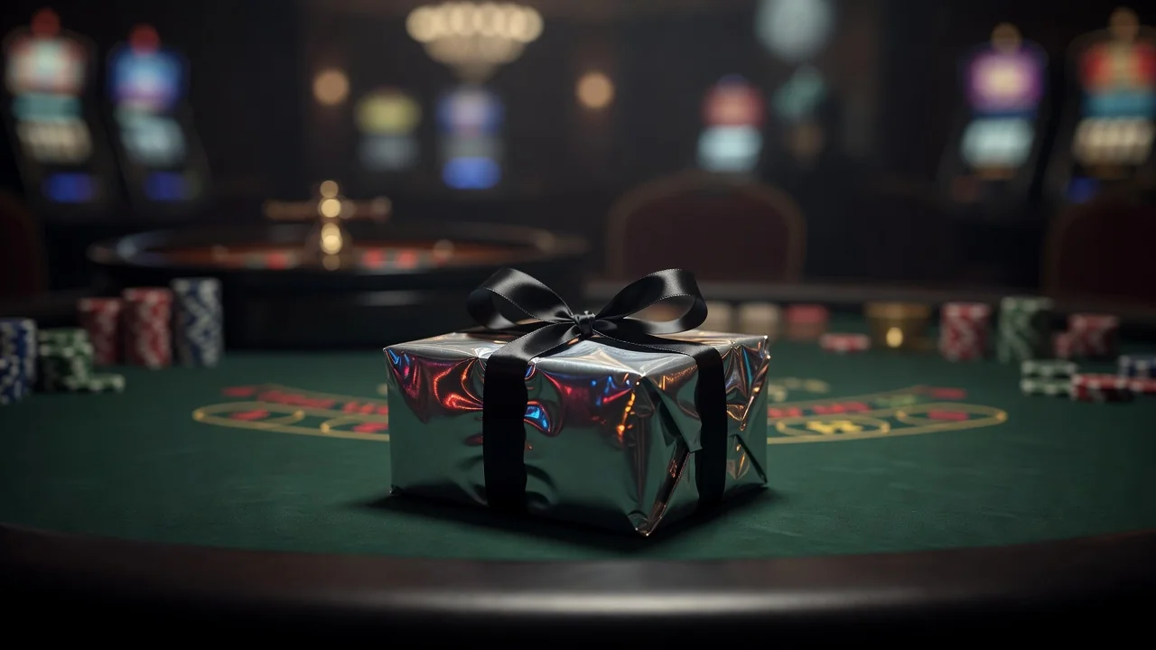 Shiny wrapped present on a blurred casino table