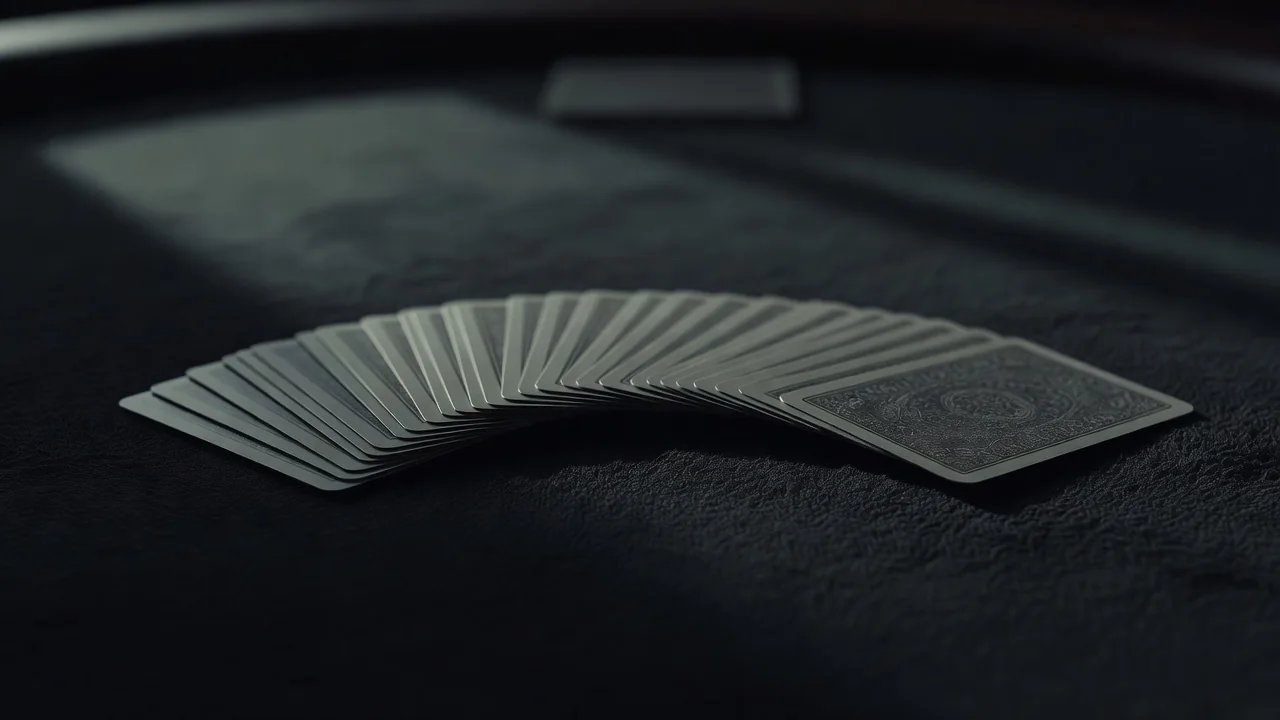 Playing cards face down spread in a fan on dark felt