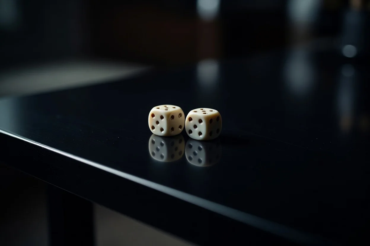 Two dice macro on a glossy black table