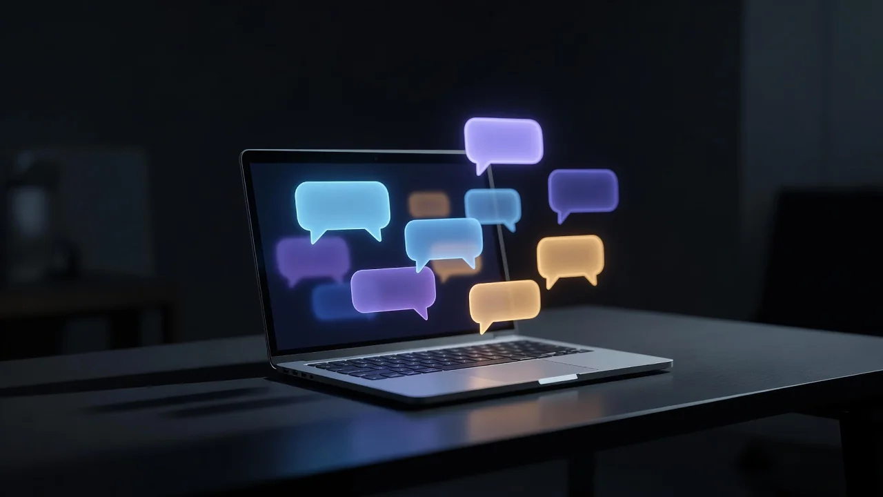Laptop with abstract glowing chat bubble shapes in a dark room