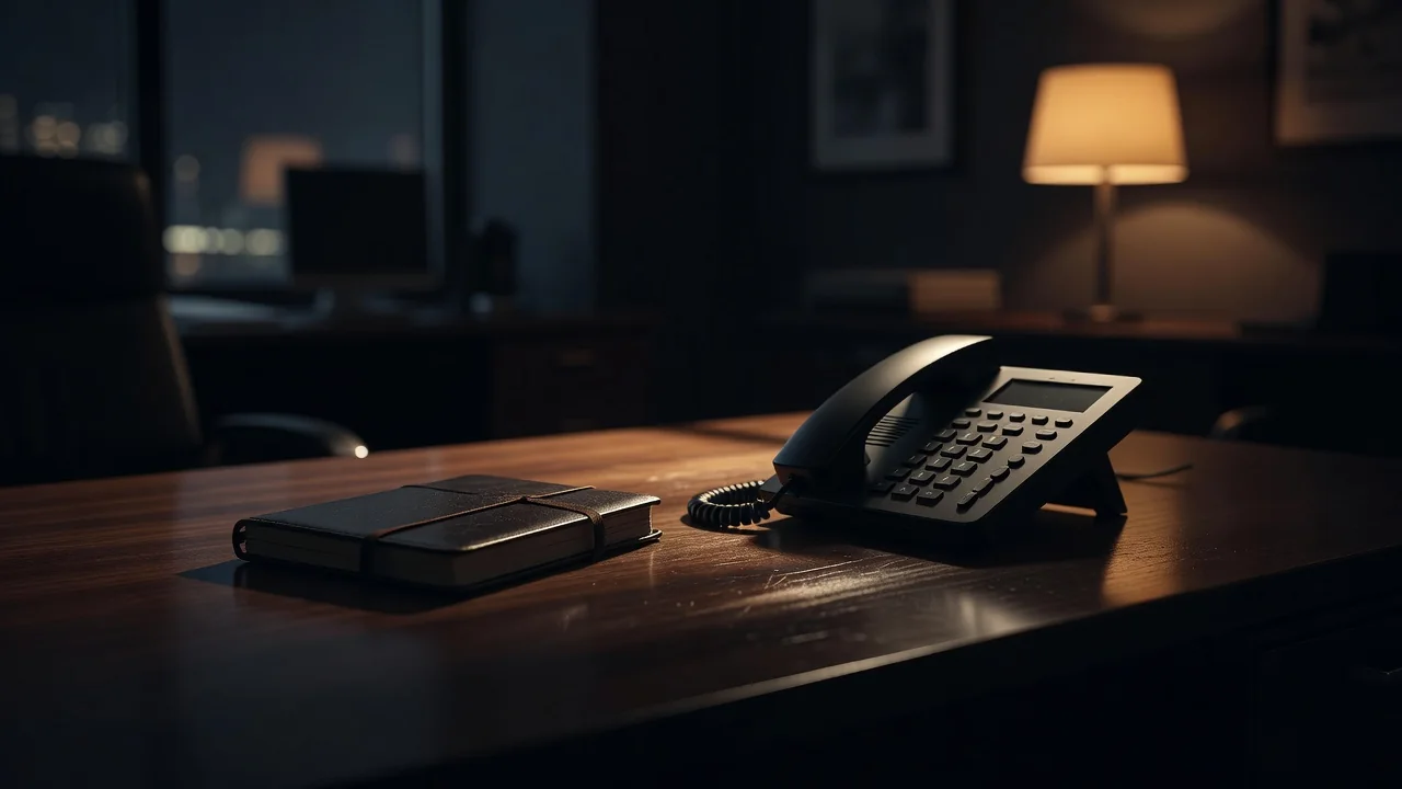 Desk with a phone, notebook and warm lamp at night