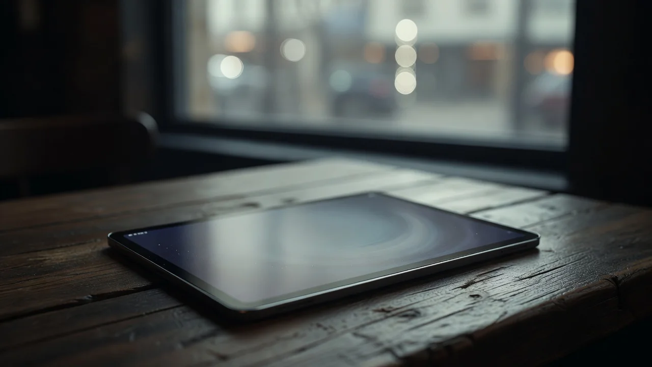 Tablet on a cafe table with blurred window light