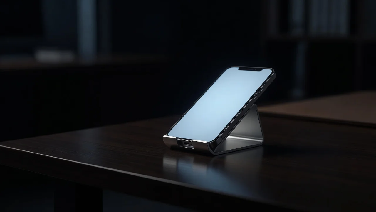 Smartphone in a metal desk stand glowing at night