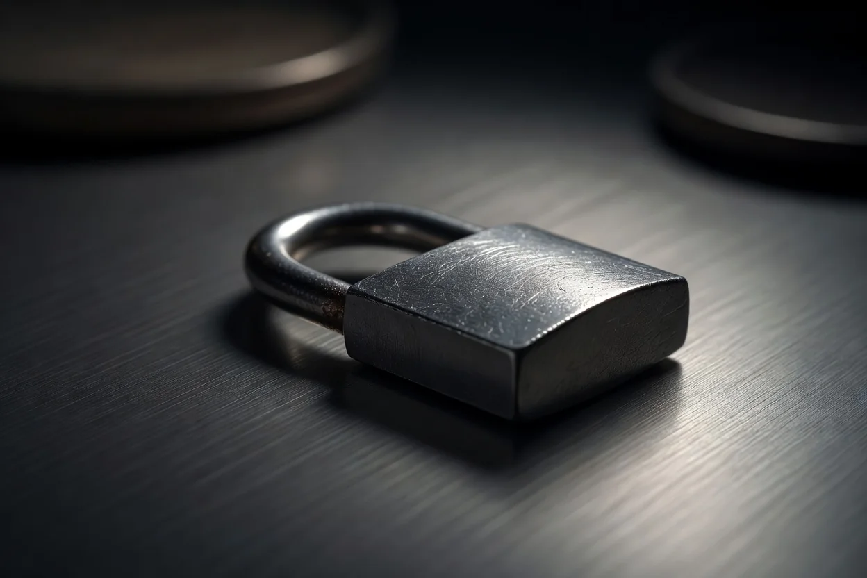 Metallic padlock on a dark brushed metal surface, macro