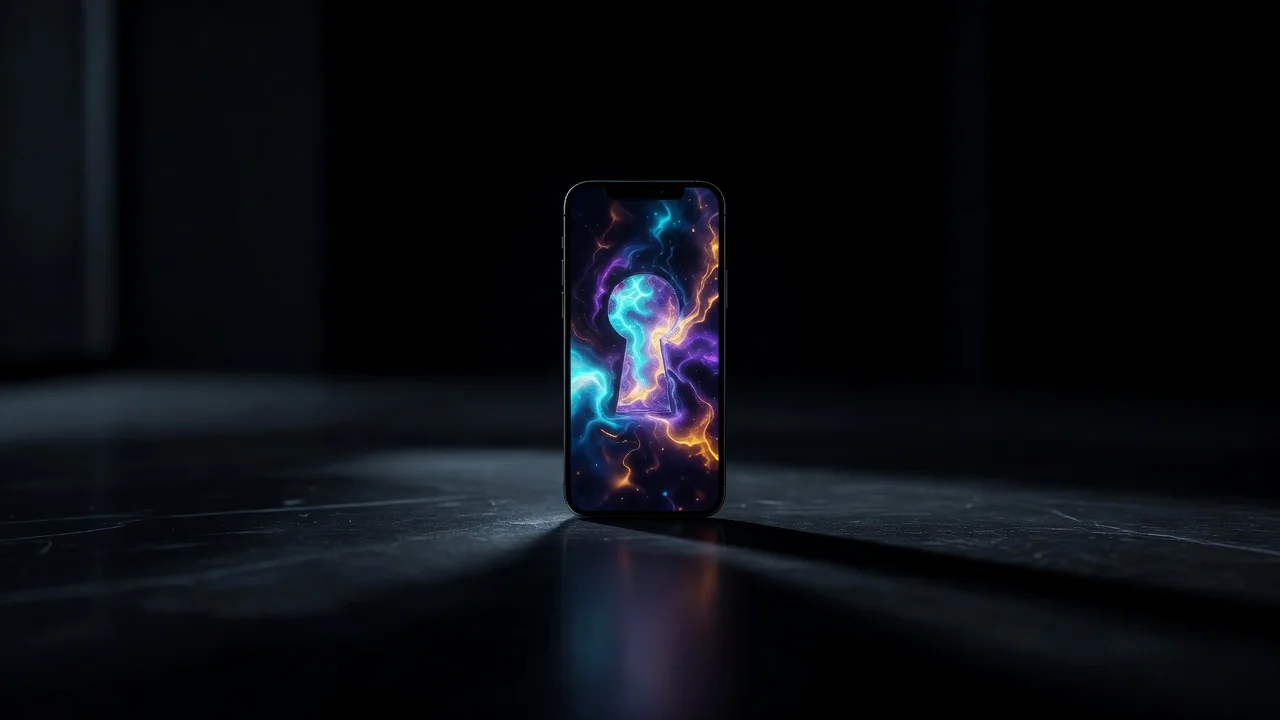 Smartphone with an abstract keyhole-shaped glow in a dark room