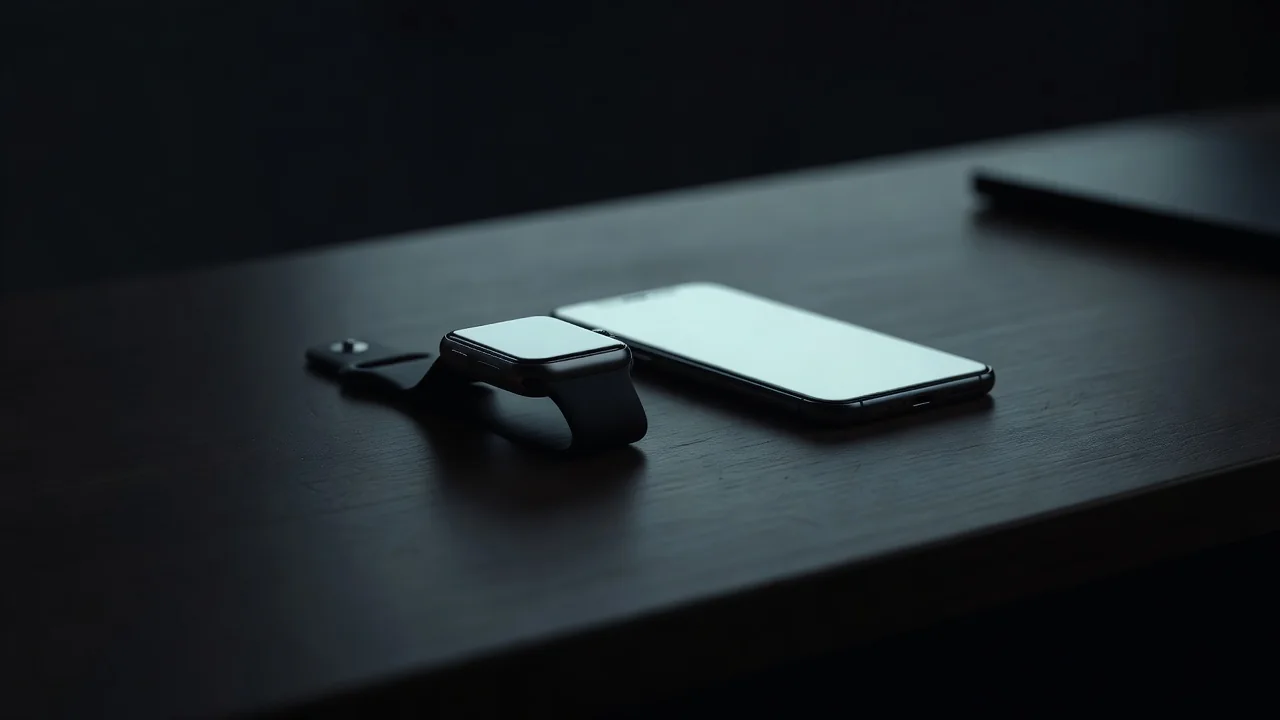 Smartwatch and smartphone lying on a dark desk