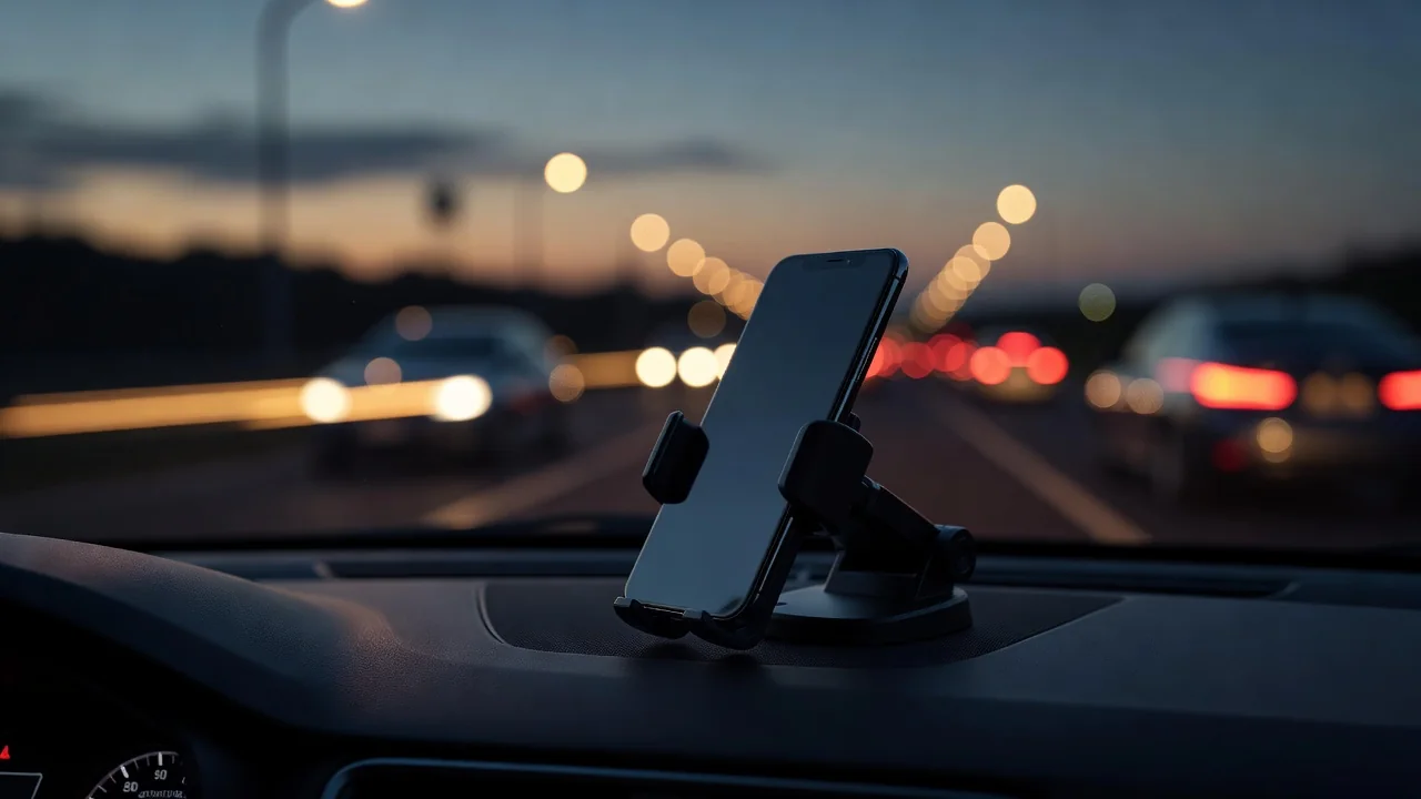 Smartphone in a car holder with blurred road lights at dusk