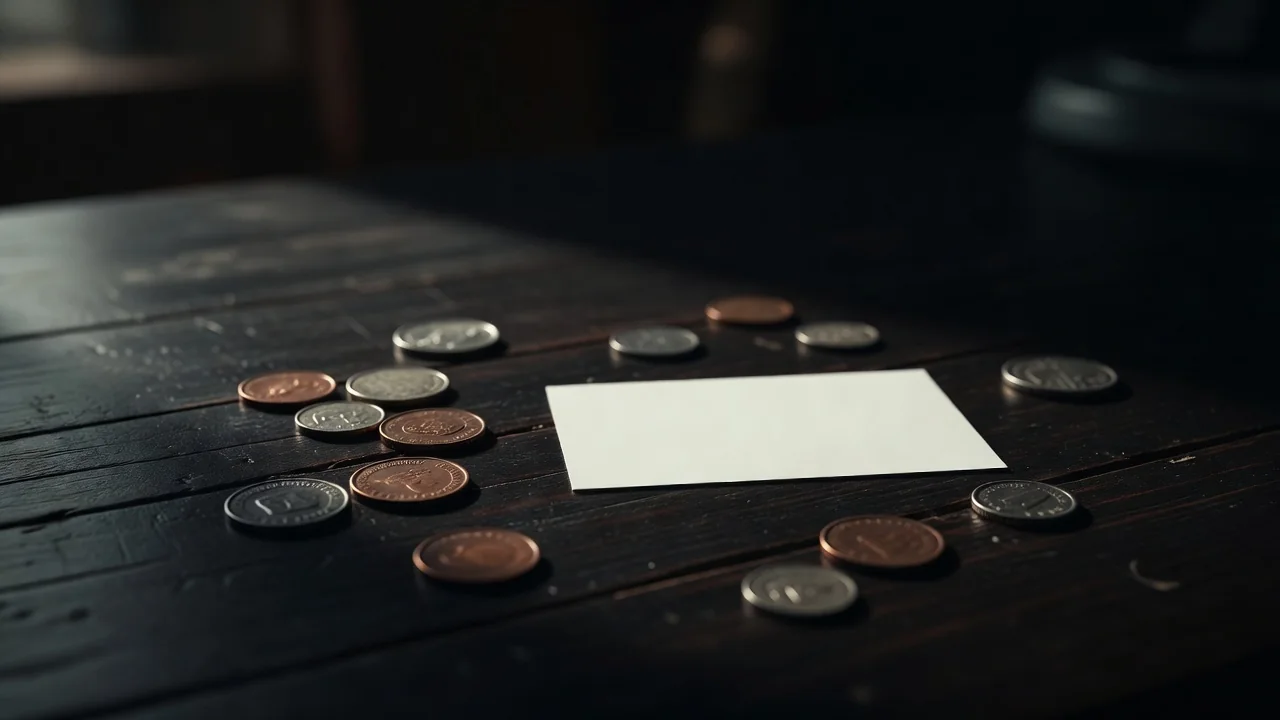 Coins and a blank card on a dark wooden table