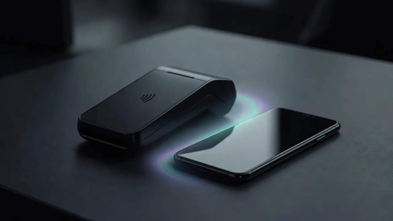 Contactless payment terminal and a smartphone with abstract glow