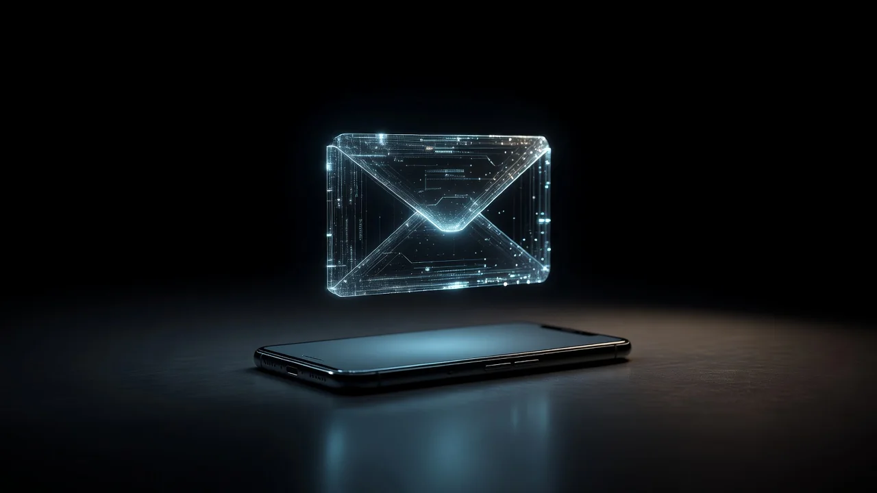 Glowing abstract envelope hologram above a smartphone
