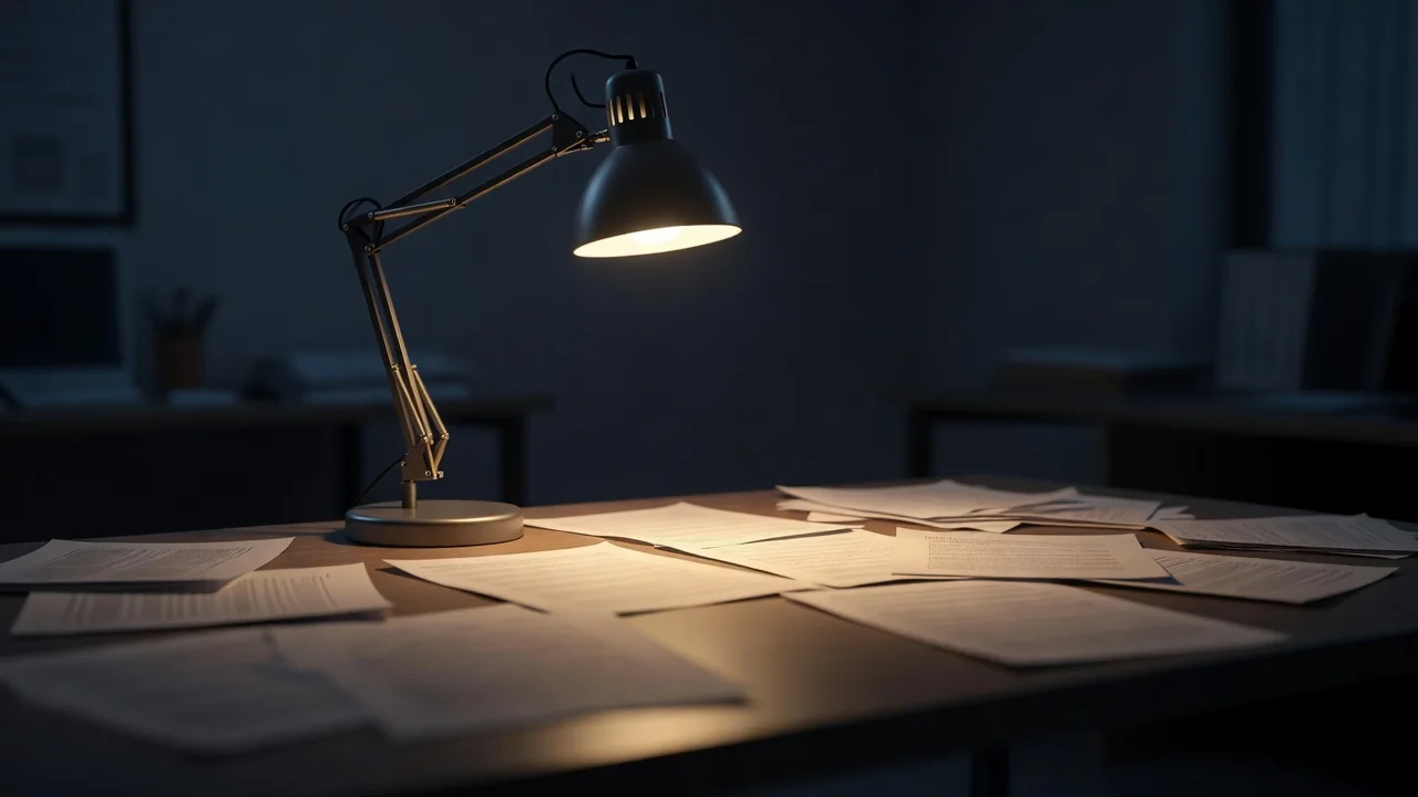 Desk lamp shining over blurred documents in a night office