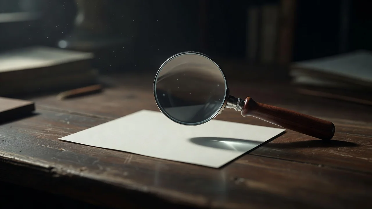 Magnifying glass over a blank card on a desk, macro