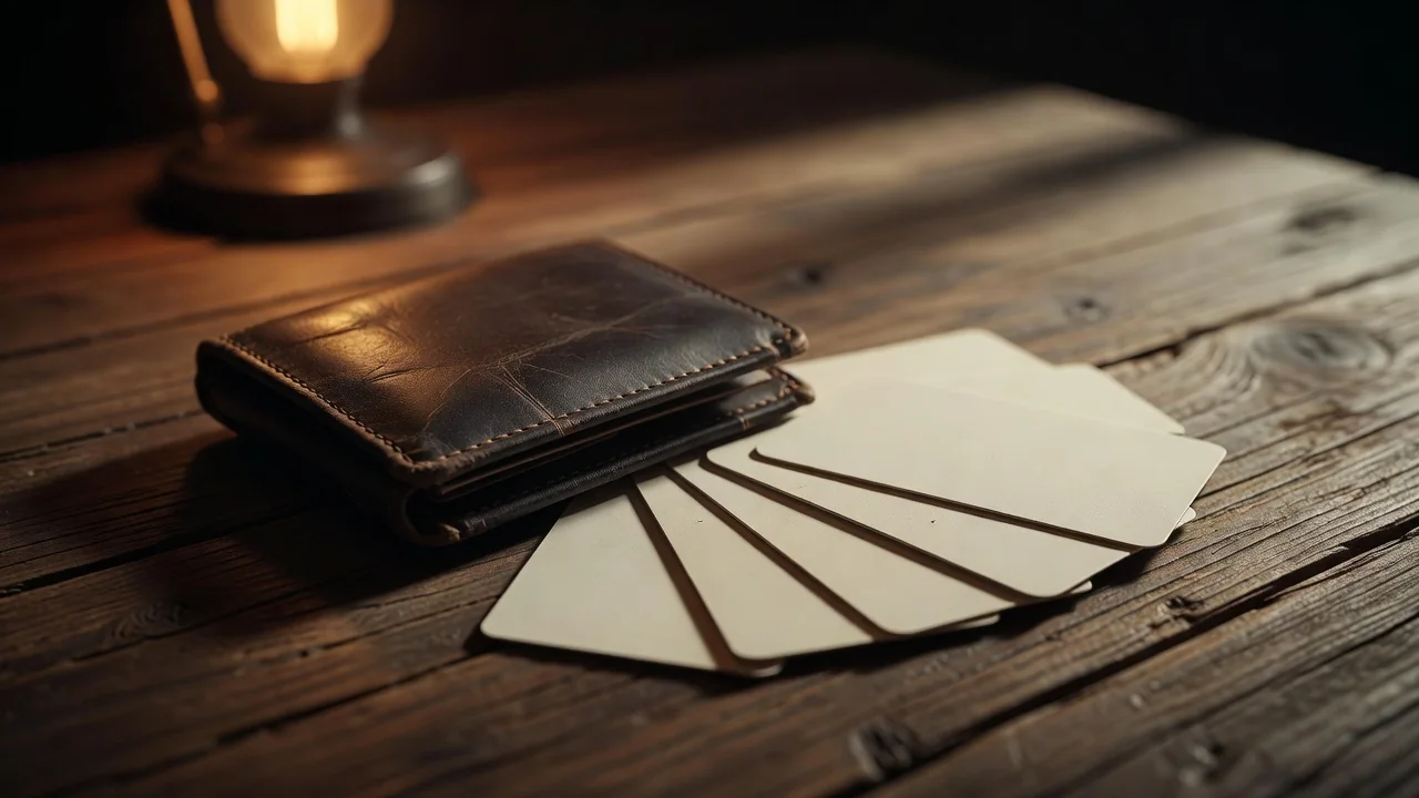Leather wallet with blank cards on a wooden table
