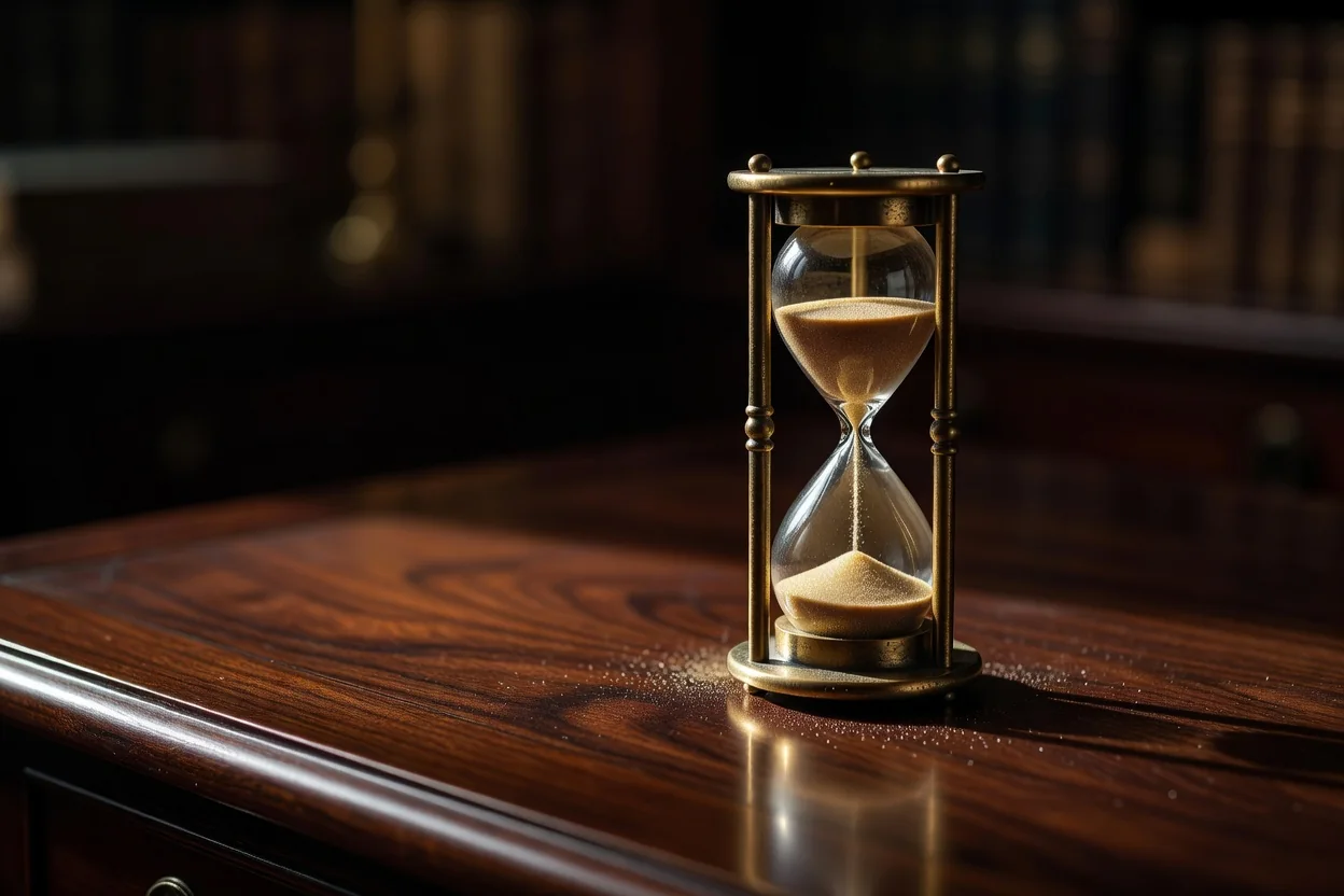 Hourglass on a dark desk in warm side light