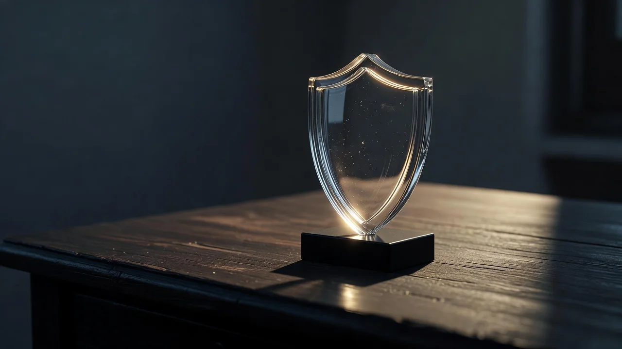 Glass shield figurine on a desk with dramatic backlight