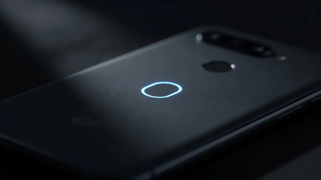 Fingerprint scanner glowing on a smartphone, macro