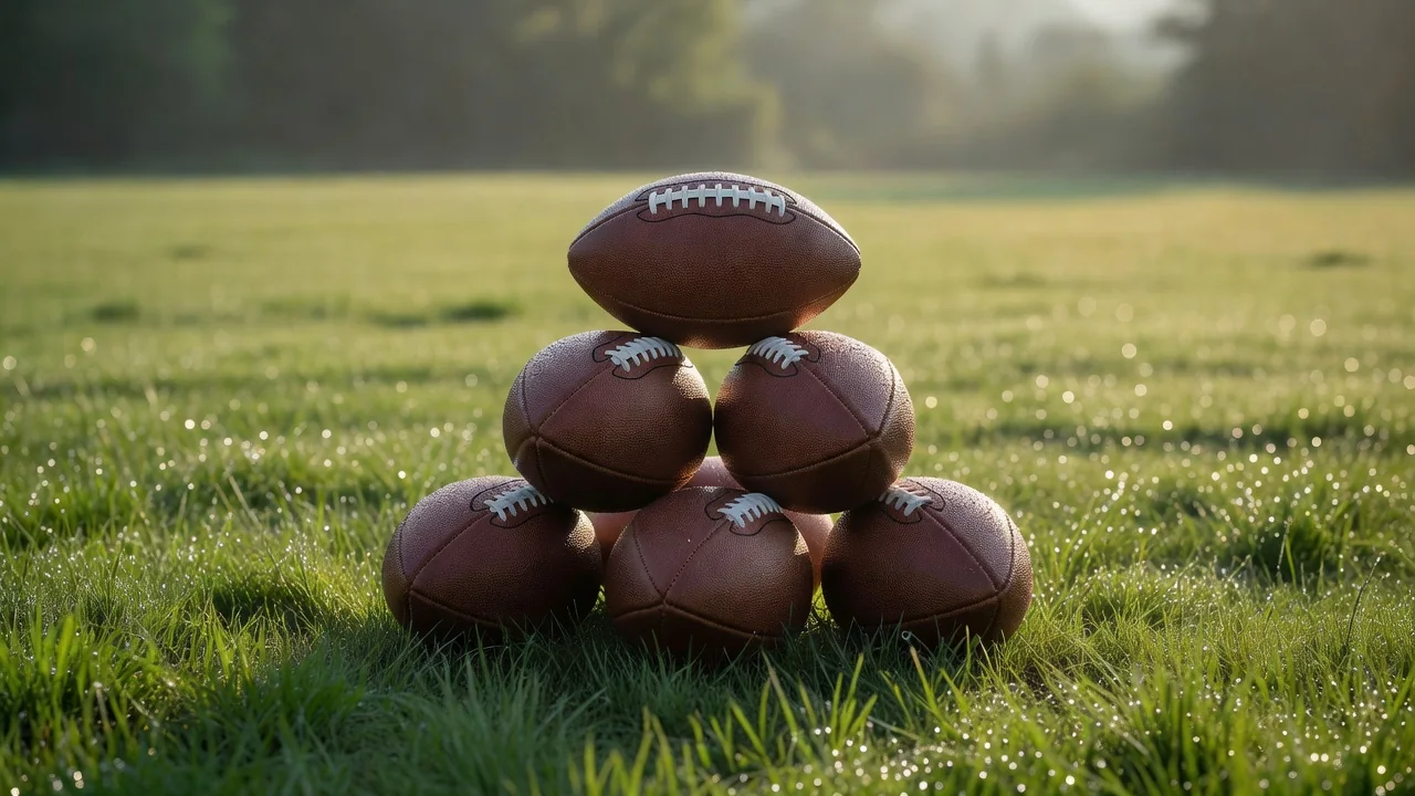 Small pyramid stack of classic footballs on dewy grass in soft morning light