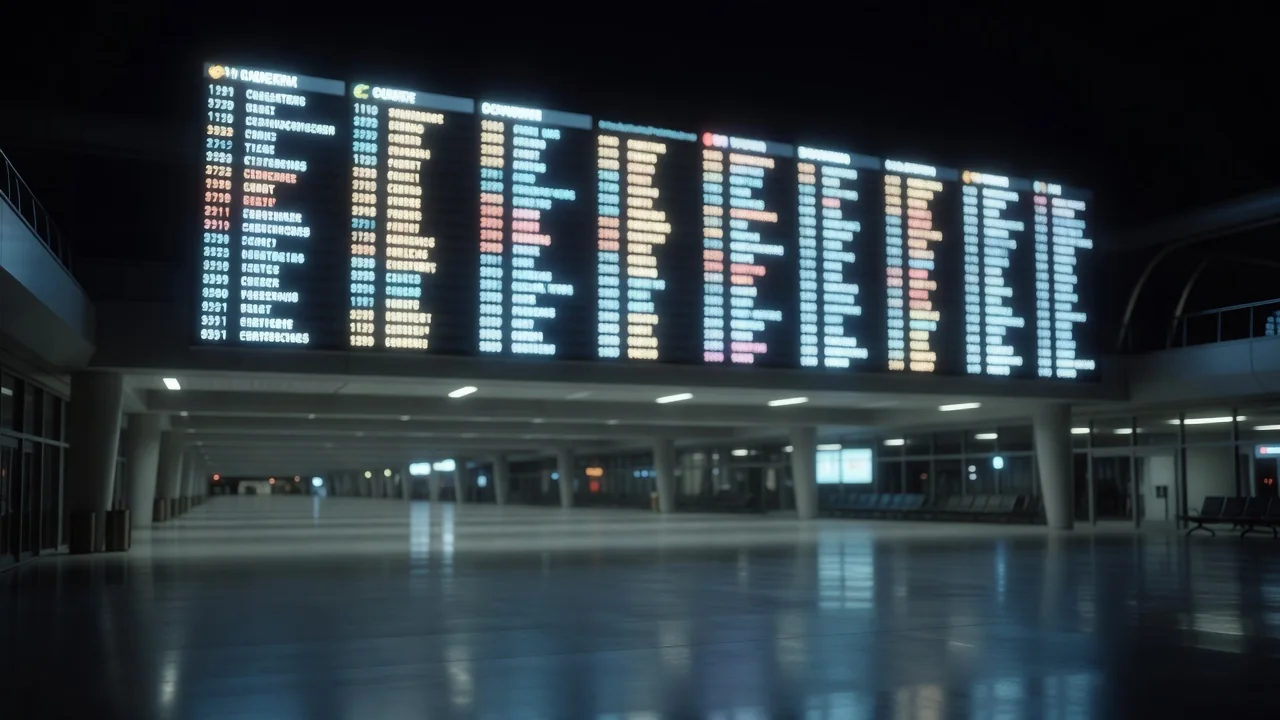 Blurred airport departure board glow in a night terminal