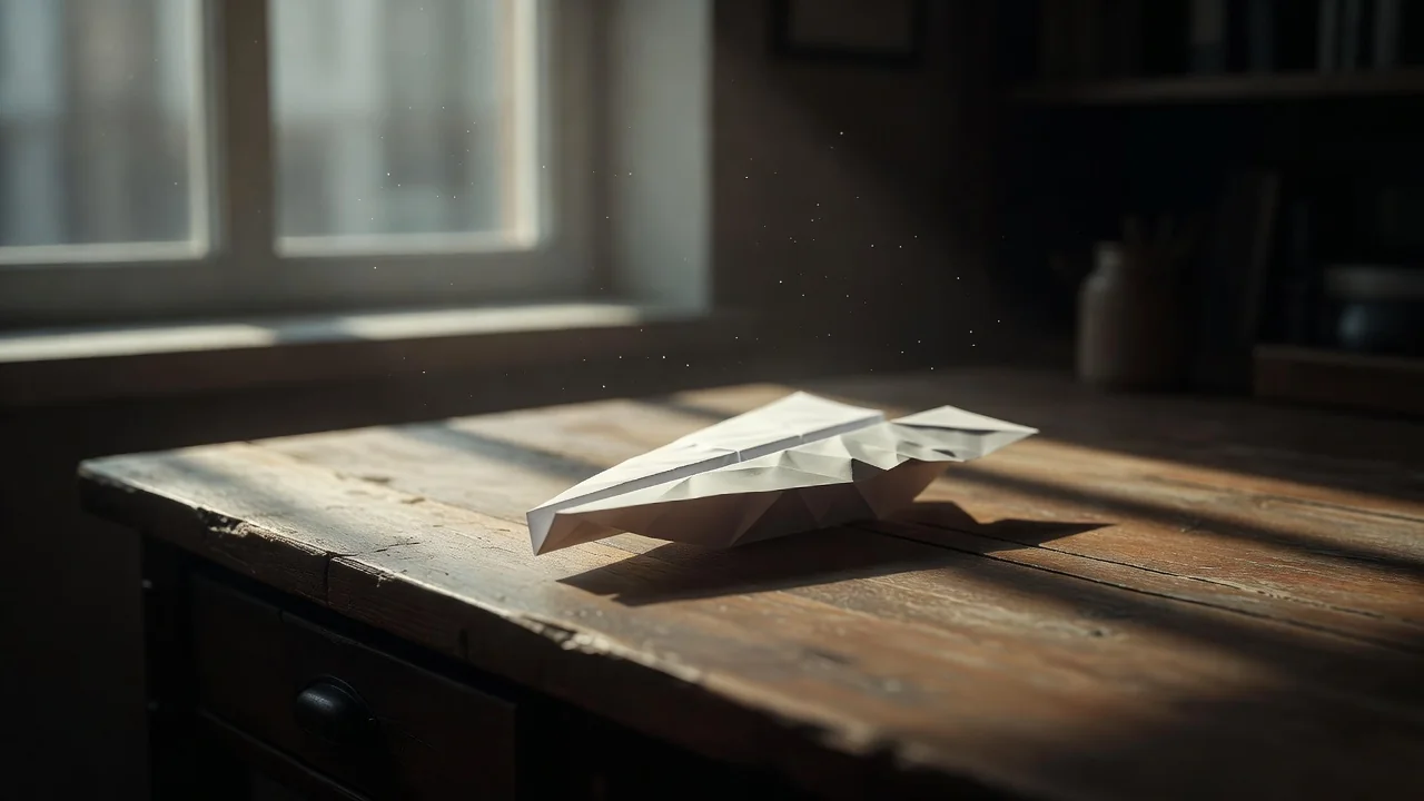 Paper airplane on a wooden desk near a window