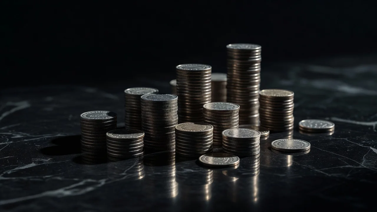 Ascending stacks of coins on a dark reflective surface