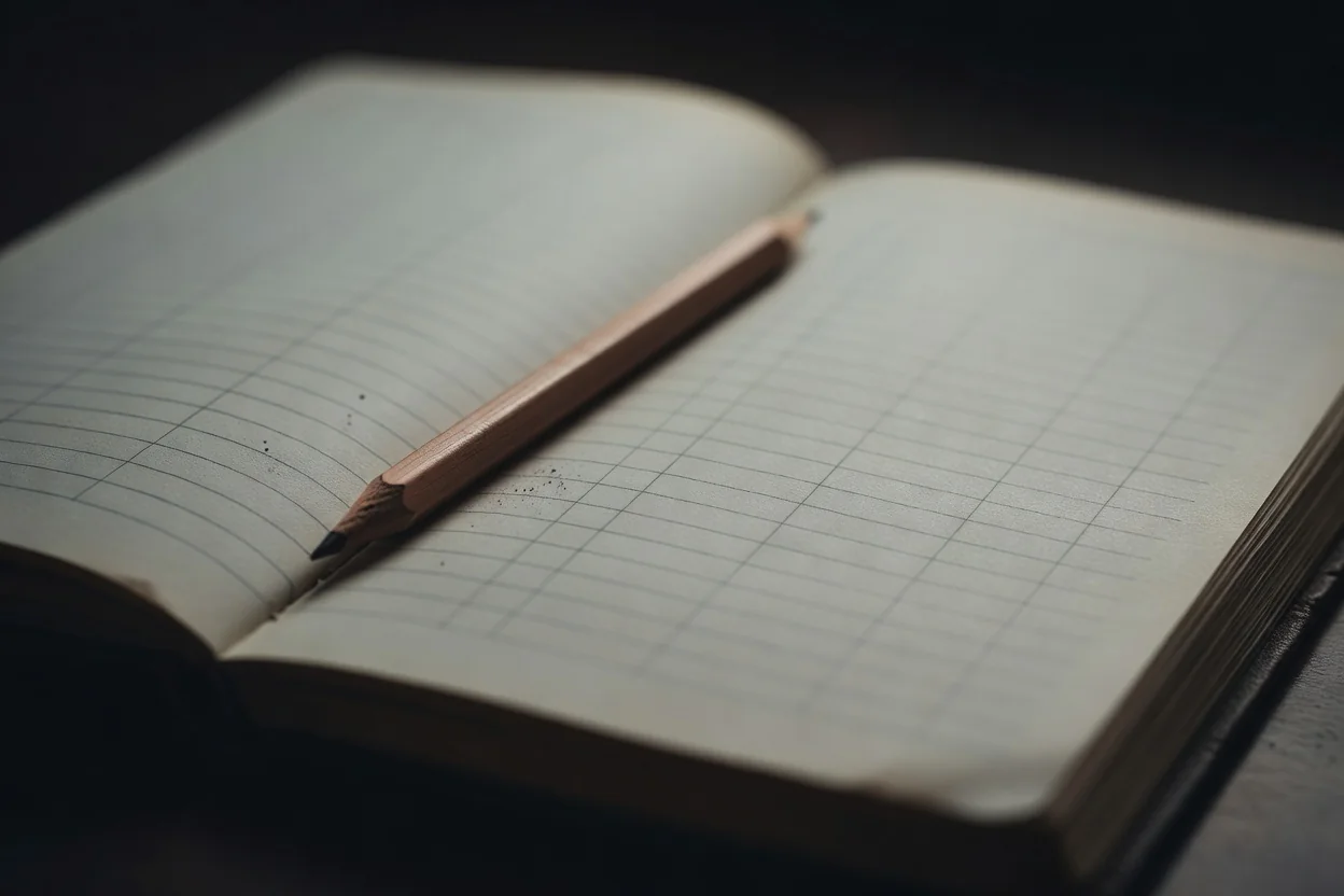 Ledger notebook with faint blurred lines and a pencil