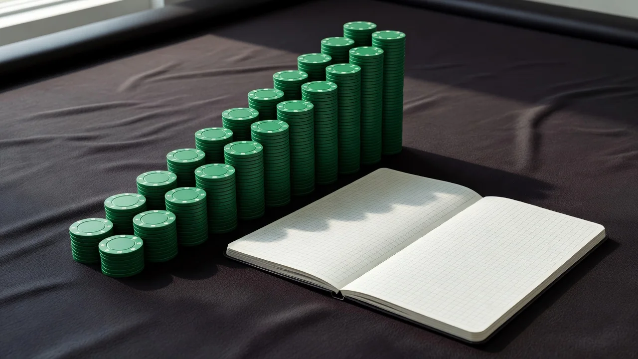 Neatly stacked poker chips beside a notebook with a hand-drawn staking plan and pencil