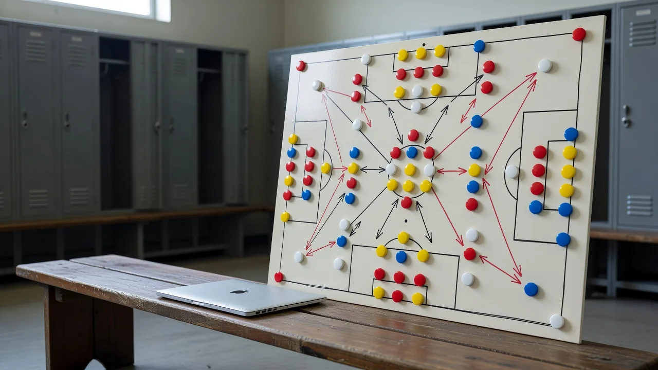 A football tactics board with magnets and handwritten match notes beside a laptop showing league tables