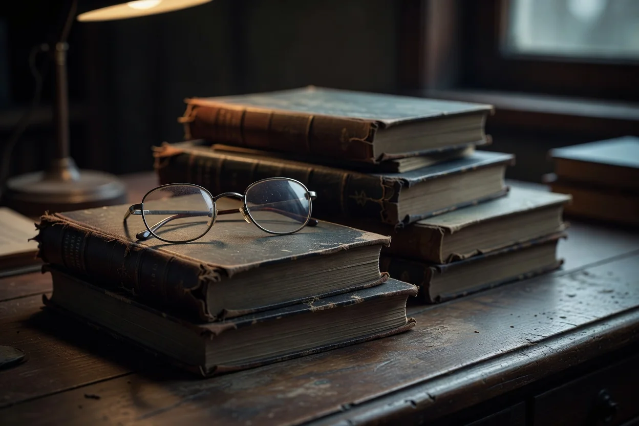 Stack of old books and reading glasses on a wooden desk
