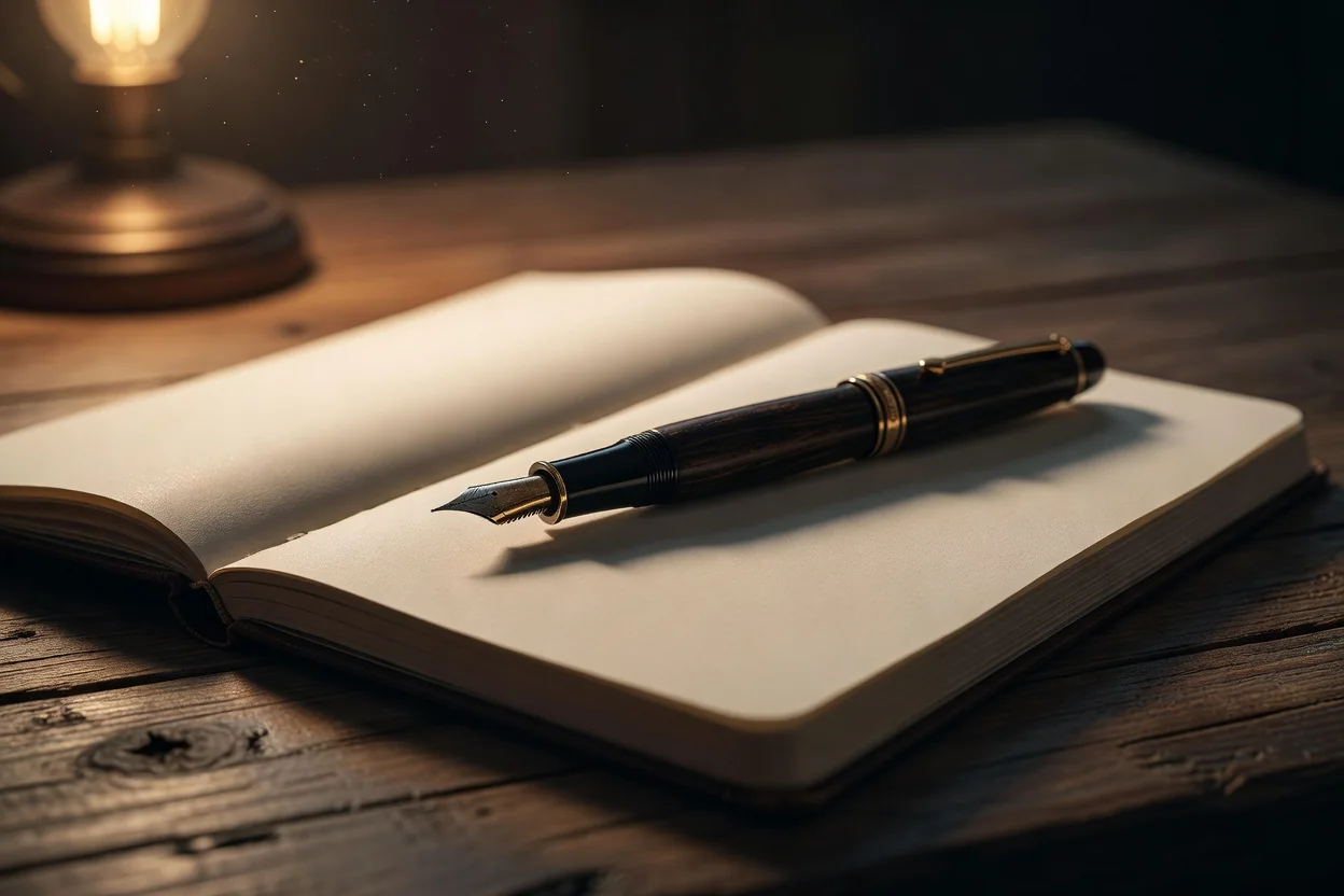 Fountain pen on an open blank notebook in warm light