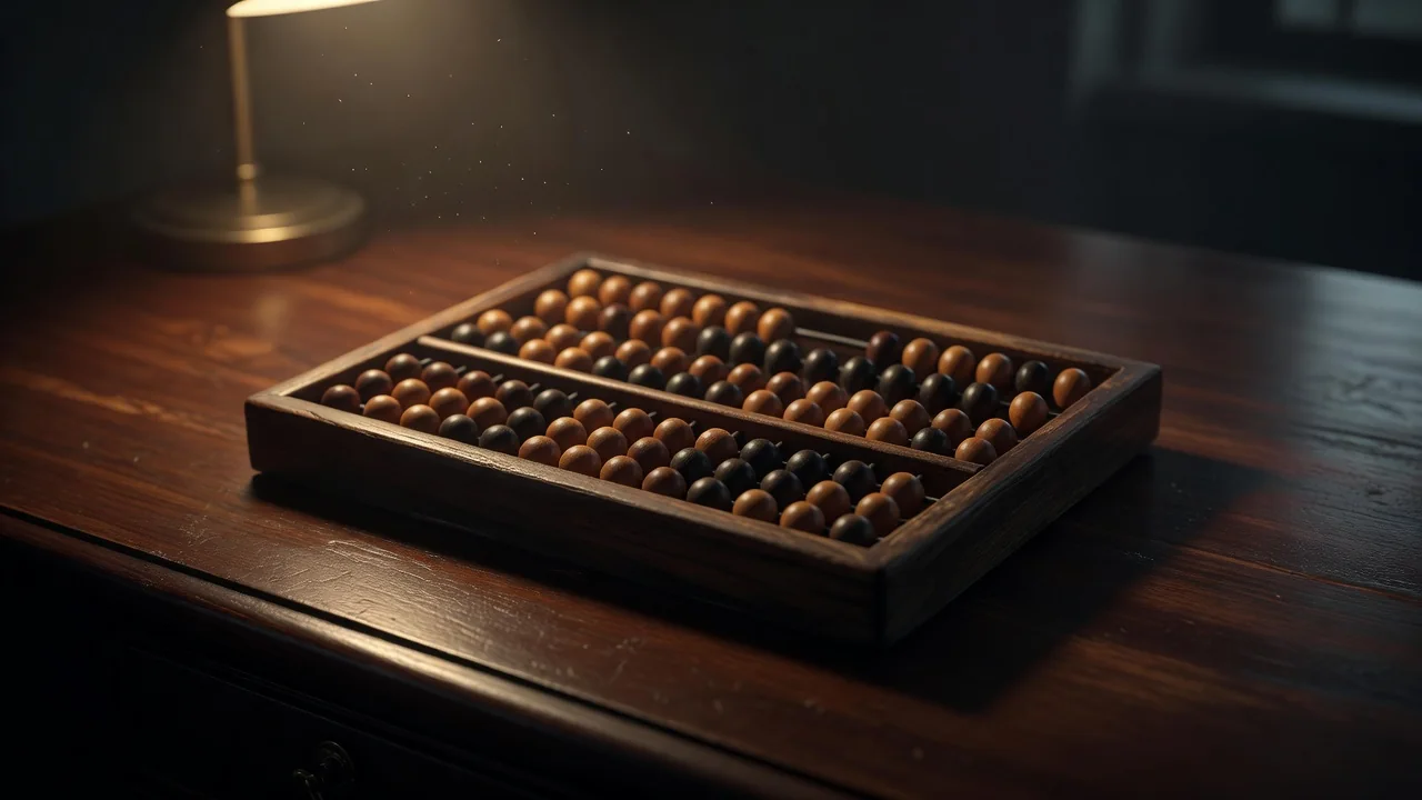 Wooden abacus with beads on a dark desk