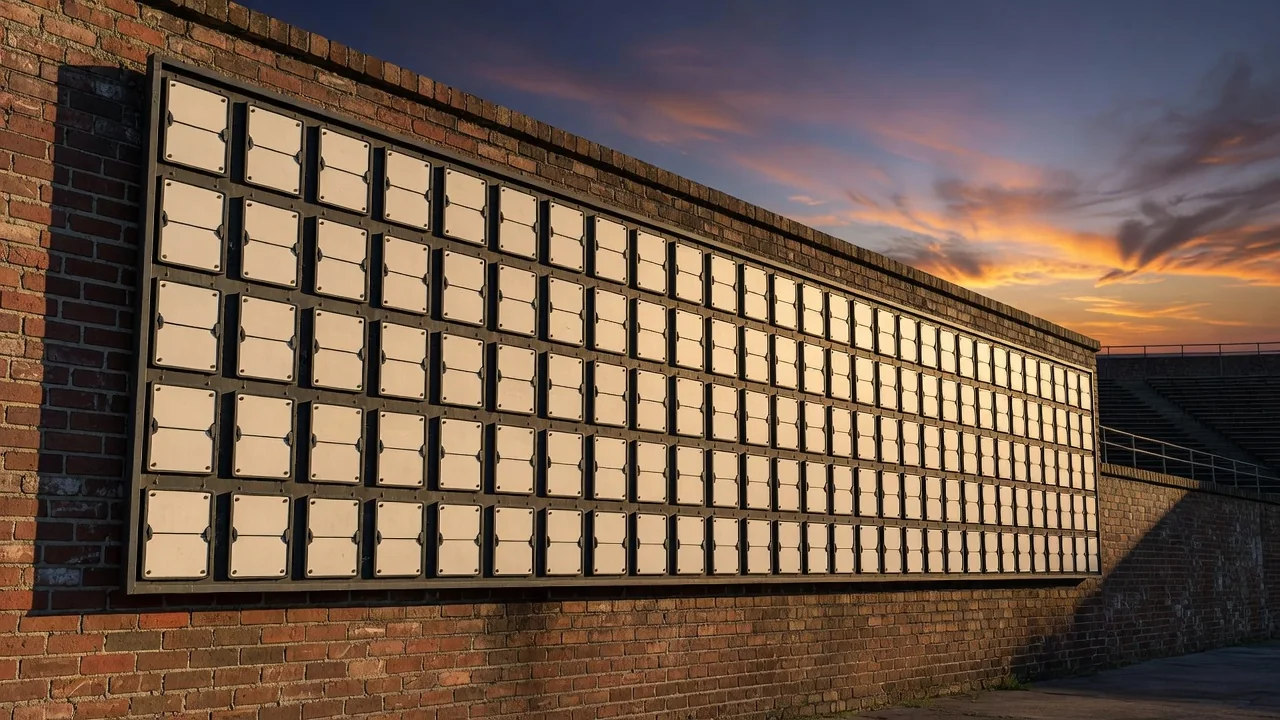 Old-fashioned stadium scoreboard showing an extreme football score at dusk
