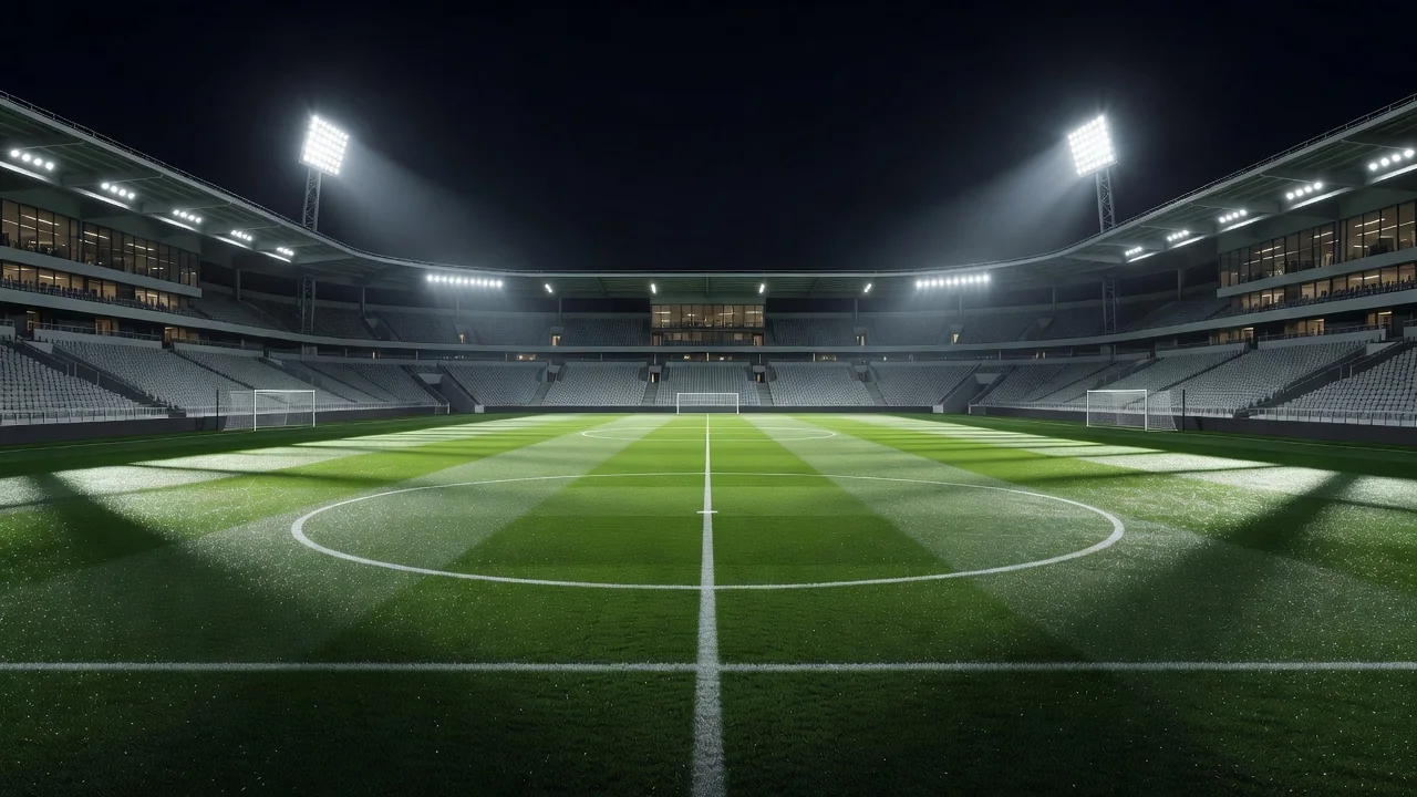 Empty modern football stadium at night under floodlights with a star-patterned banner on the pitch