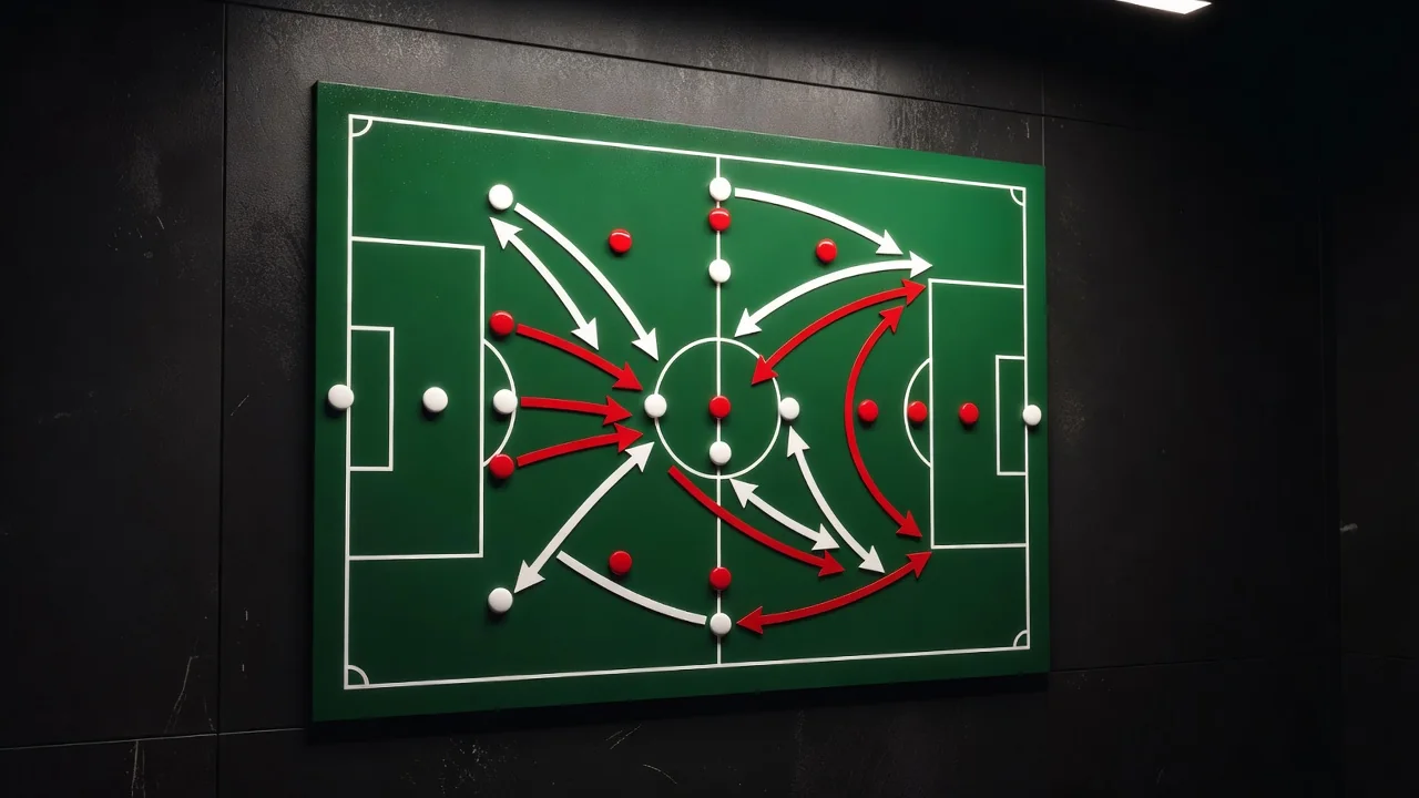 Tactical magnetic board showing a football pitch with player position markers and arrows