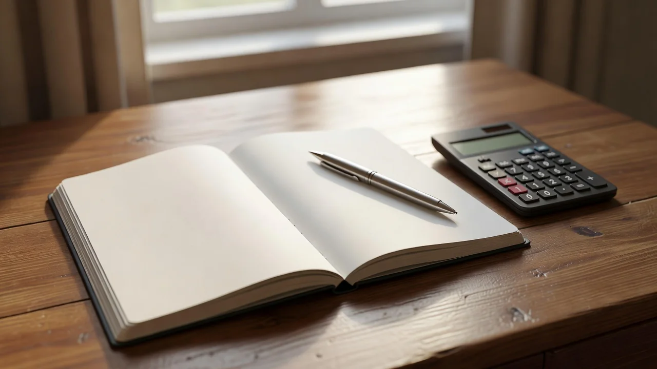 Notebook with handwritten football fixture list, pen and calculator on a wooden desk