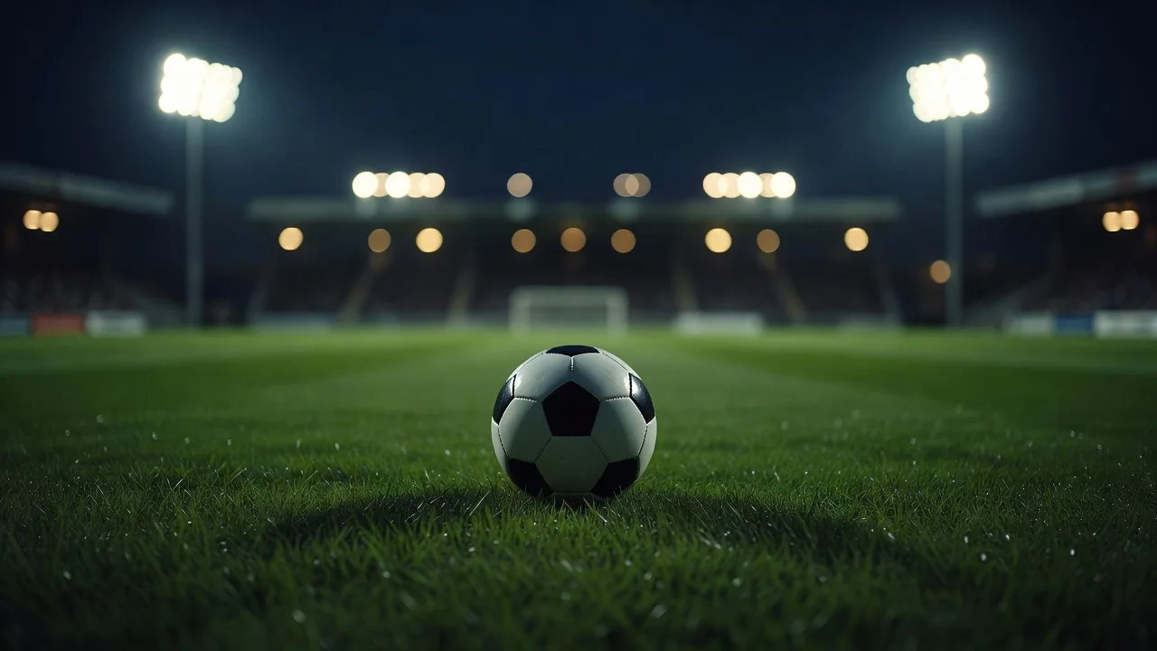 Soccer ball on a night pitch under stadium floodlights