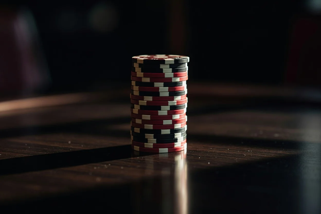 Stack of casino chips on a dark glossy table in dramatic light