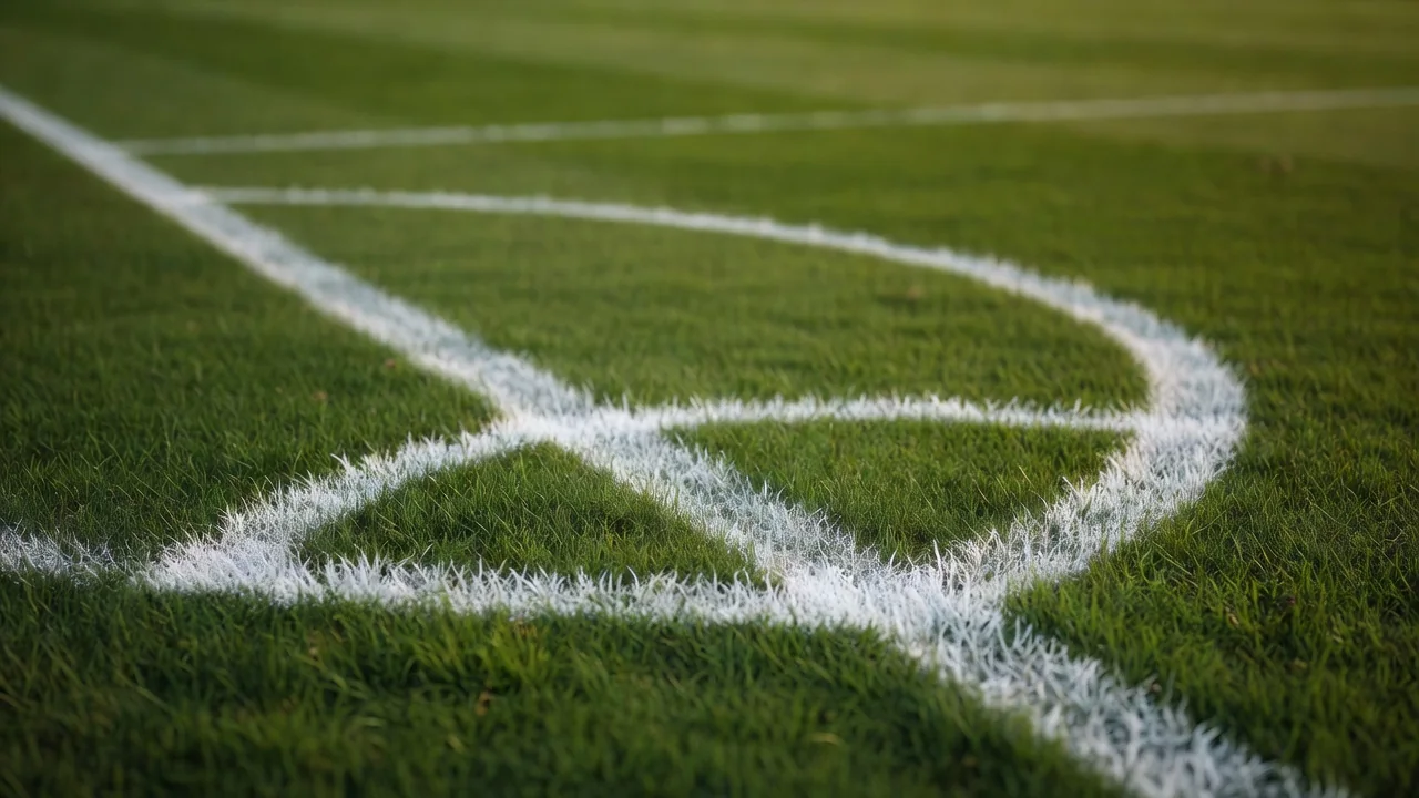 White chalk pitch markings meeting at the corner arc on green grass in shallow focus