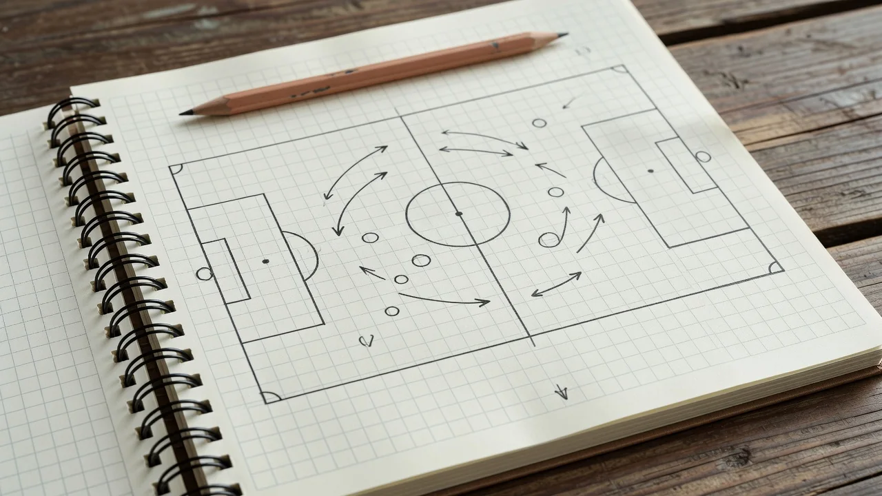 Football analyst desk with match reports, highlighters and a tactics notebook