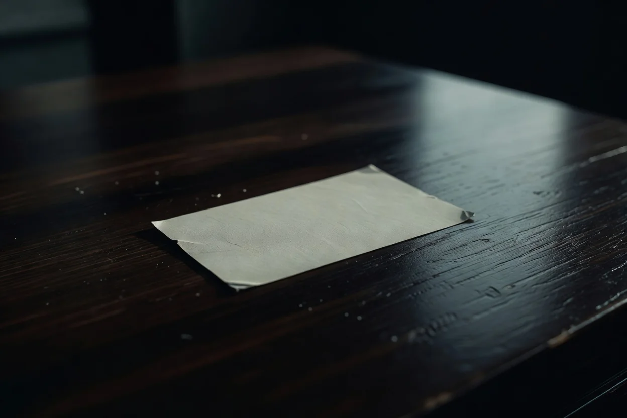 Blank ticket-like paper card macro on a dark table