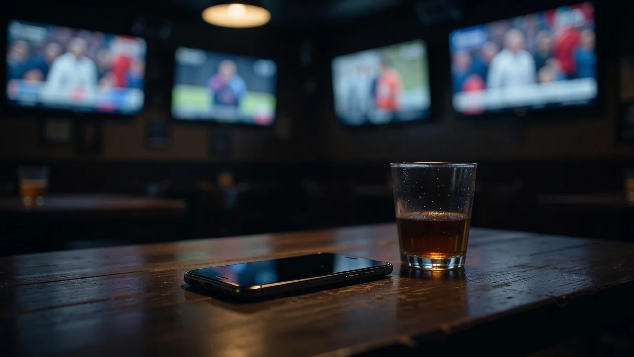 Smartphone on a sports bar table beside a glass