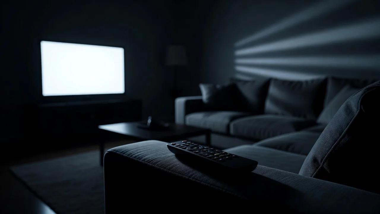 Television glow in a dark living room with a remote on the armrest