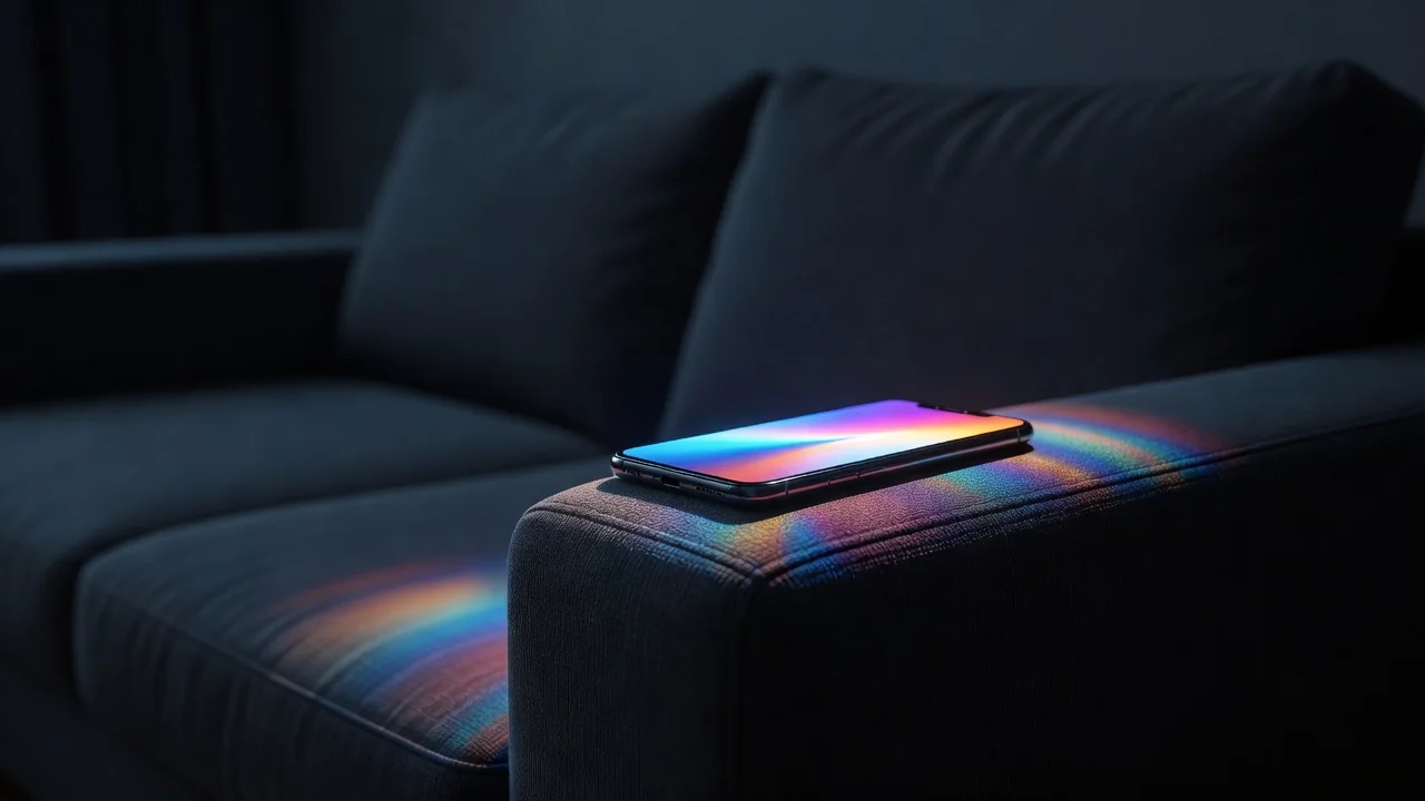 Smartphone glowing on a couch armrest at night
