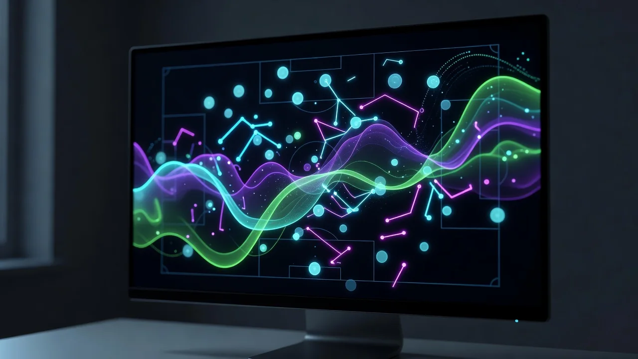 Football analytics dashboards with xG charts and probability curves on a screen in a dark analysis room