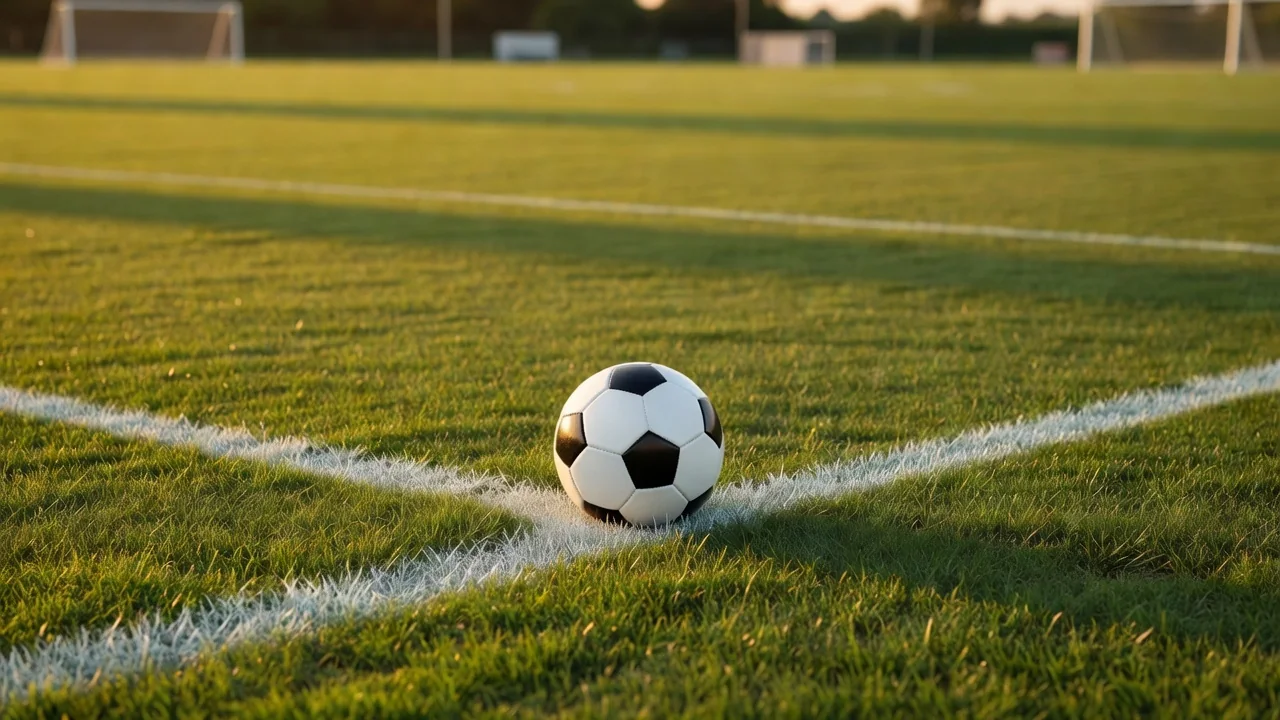 Football resting on the goal line of an empty pitch at dusk, shallow depth of field