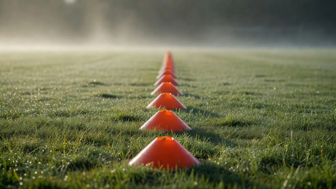 Row of orange training cones on wet green grass in morning mist